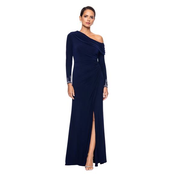 Betsy & Adam "Chrishell" Long Jersey Knit Off the Shoulder Gown Navy Size 8 NWT - Picture 1 of 13